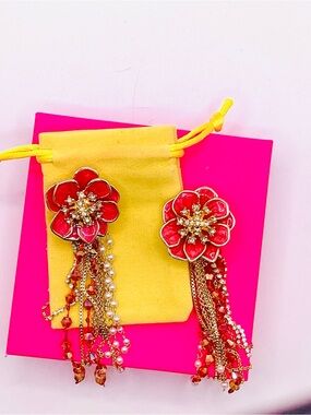 Boutique Red Floral Dangle Earrings with Gold Chains